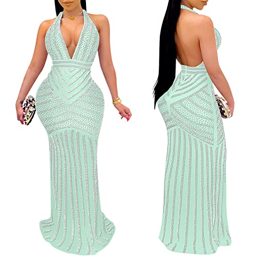 Image of PORRCEY Women's Sexy Rhinestone Mesh See Through Party Night Prom Dress