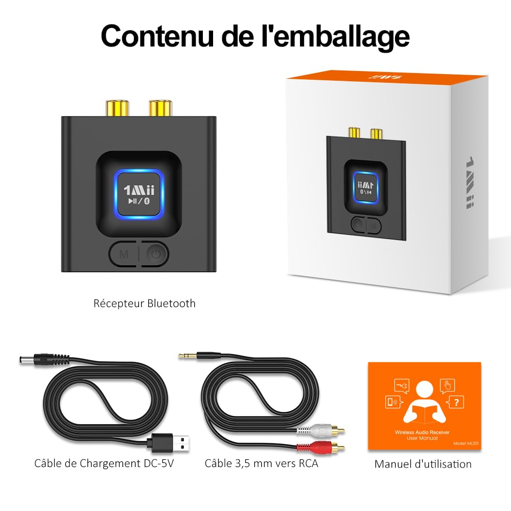1Mii ML201 Récepteur Bluetooth 5.1, Modernisez Votre Ancien Système Audio | Adaptateur Bluetooth 3,5mm/RCA, Streaming Hi-Fi sans Fil depuis Mobile/Tablette vers Enceinte Filaire, 12H Lecture, Mode Bass