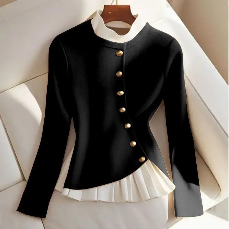 Women's Patchwork Knit Sweater Autumn Winter Slim Fit Long Sleeve Fake Two Piece Pullover4