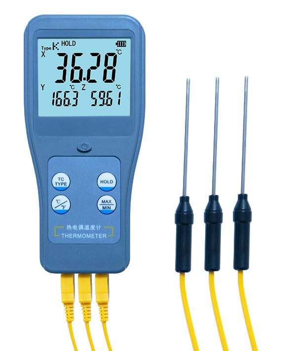 Three Channels Thermocouple Temperature Meter with K-Type Thermocouple Display Measurement Values for Three Channels Simultaneously Range -200~1372°C (-328~2501.6°F) Resolution 0.01°C/°F