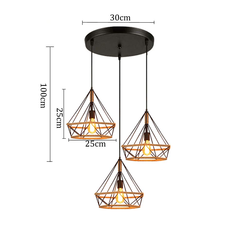 STOEX 3 Luces Lámpara de Techo Colgante Retro Industrial Luz de Araña Diamante Estilo Loft para Cocina Comedor Pasillo Sala de estar, Negro