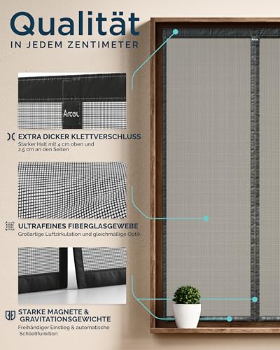 ARCOL Fliegengitter Fenster Magnet 90x150 cm aus Fiberglas – Schluss mit Mücken in 3 Min, Ultrafeines Insektennetz, Automatischer Verschluss mit Magneten & Gewichten, Extrabreites Klettband (Schwarz)