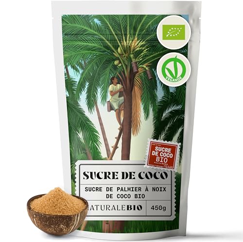 NaturaleBio Sucre Coco 450 g. Édulcorant Brut et Naturel sans Produit Chimique. Délicieuse Alternative au Sucre, Saine et nutritive. Index glycémique...