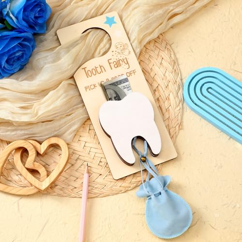 Image of DoubleFill Fairy Tooth Gift Holder Bag Door Hanger Lost Teeth Keepsake Box Tooth Fairy Kit Stores Back to School Gift for Lost Teeth Boy Girl Primary School Classroom Gifts(Classic,Blue)