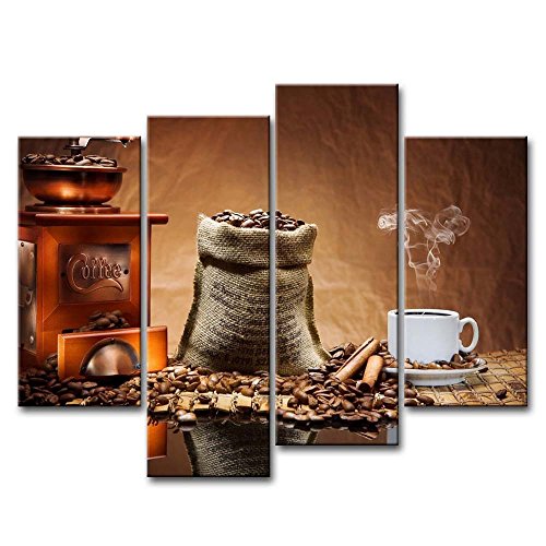 So Crazy Art- Coffee Wall Art Kitchen Decor Brown Coffee Beans And Cup Plate In The Cafe Canvas Pictures Artwork 4 Panel Food Painting Prints For Home Living Dining Room #TOP16