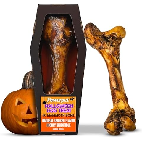 Powerpet Jr. Mammoth Bone - Halloween Dog Treats, Natural Beef Dog Chew Bones, Digestible Dog Bones w/High Calcium, for Dental Health, Large Breeds & Aggressive Chewers - Odorless, Smoked Flavor 1pc Cover