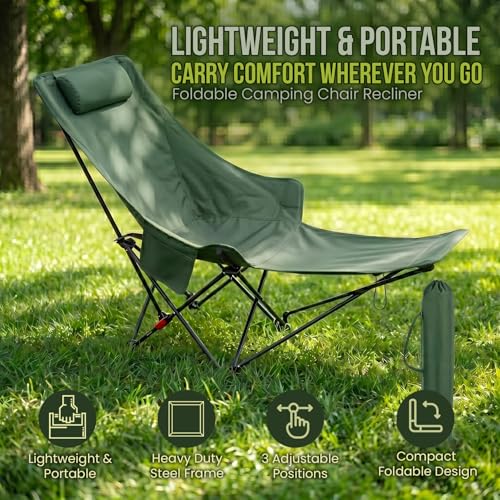 Image of ORILEY Compact Folding Chair with Heavy Duty Metal Frame 3 Adjustable Positions Portable Lightweight Foldable Seat for Outdoor Camping Hiking Fishing Garden Beach Picnic Travelling (Pack of 1 Green)