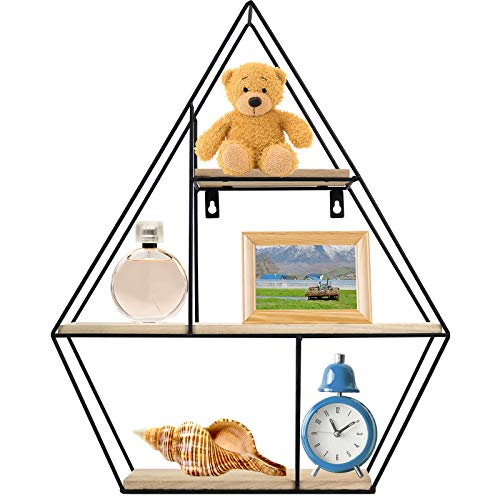 Greenco Geometric Diamond Gem Shaped Mounted Floating, Home Decor, Metal Wire and Rustic Wood Wall Storage Shelves for Bedroom, Living Room, Bathroom, Kitchen and Office, Natrual