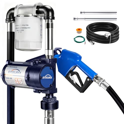 Ensurix 12V Fuel Transfer Pump 15 GPM, Diesel Transfer Pump 12 Volt with Auto Shut Off Nozzle, Hose & Filter, Electric Gasoline Transfer Pump Kit for Fuel Tank, Gasoline, Diesel, Kerosene