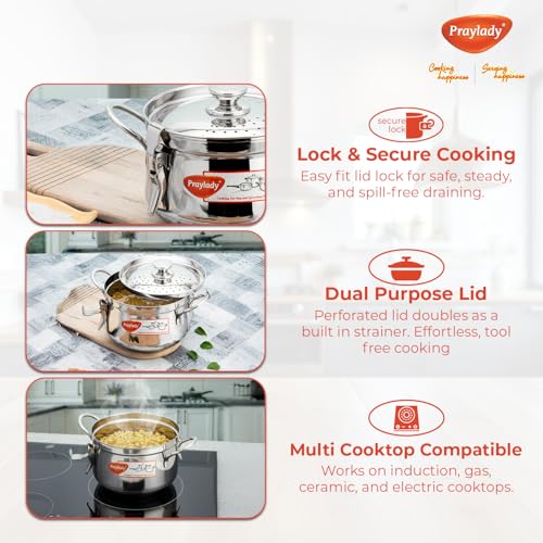 Image of Praylady Baby Boss Chef-Grade Stainless Steel Strainer Pot | 6L | 24 CM | Lock-&-Pour Lid | Induction Compatible | Cook & Drain Pot for Pasta, Rice, Maggi & Spaghetti | ISI & BIS Certified