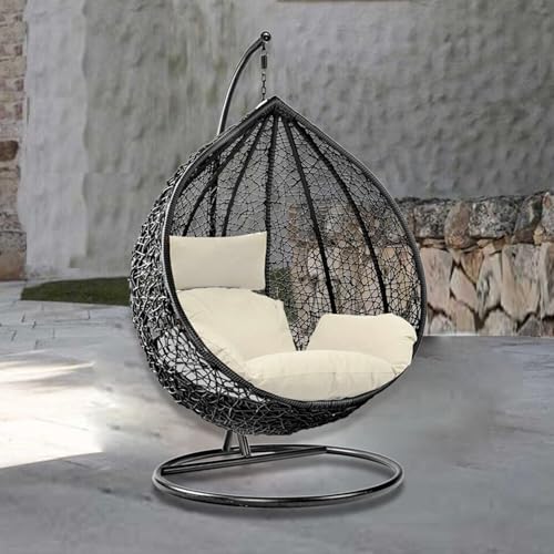 Rattan Swing Egg Chair | Holywarm Garden Swing Chair with Cushion | Indoor Outdoor Hanging Chair with Stand | Hammock Egg Chairs for Garden Bedroom Balcony (Black Egg Chair & White Cushion)