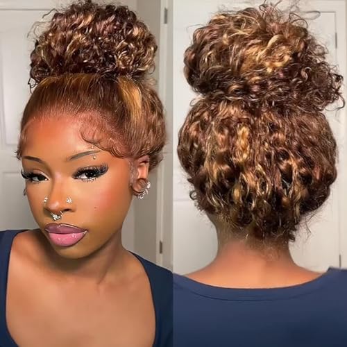 Hidden Strap 360 Deep water Wave Lace Front Wigs Human Hair 250% Density Honey Blonde Curly Human Hair wig Ombre Deep Wave 4/27 Highlight Lace Front Wigs Wet And Wavy Water Wave Wig for Women 22 Inch