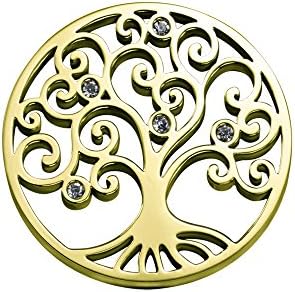Quiges Pendentif Collier Interchangeable Arbre de Vie avec Zircone en Acier Inoxydable Doré 25mm