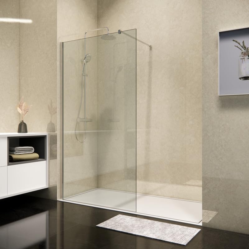 RENNO Paroi de Douche Walk-In Verre Transparent Chrome, 90x200 cm, 8mm, Installation Réversible