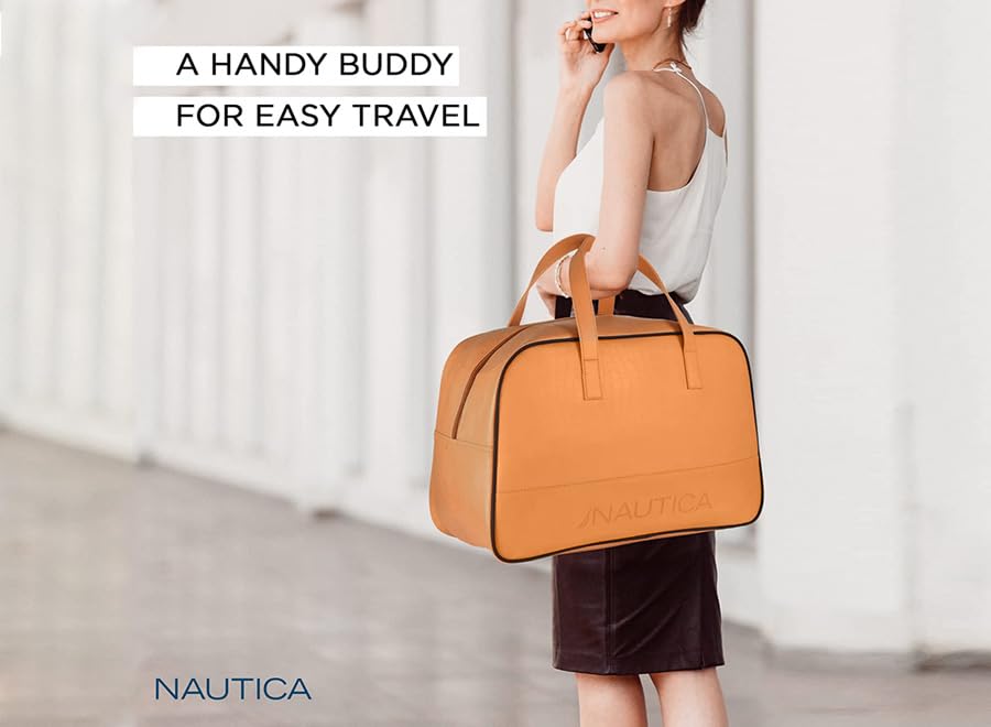 Image of Nautica Unisex 25L PU Duffle Bag for Travel | Stylish Leatherette Cabin Luggage with Smooth Zippers | Compact, Comfortable & Spacious for Weekend Trips, Gym & Everyday Use | TAN