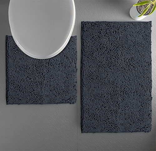LuxUrux Bath Mat, Luxury Chenille (2-Piece) Bath Mat Set, Soft Plush Anti-Slip Bath Rug + Toilet Mat.1'' Microfiber Shaggy Carpet, Super Absorbent (Curved Set, Charcoal) - Image 4