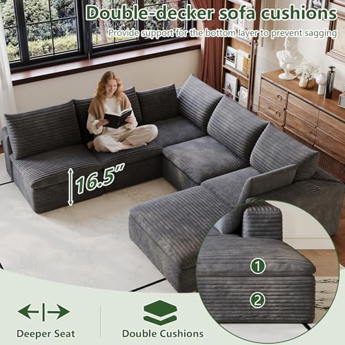 Image of 103 inch Cloud Couch Modular Sectional Sofa for Living Room, U-Shape Boneless Couch with Deep Seat, Modern Corduroy 5-Seater with Ottoman, No Assembly Required, Dark Grey