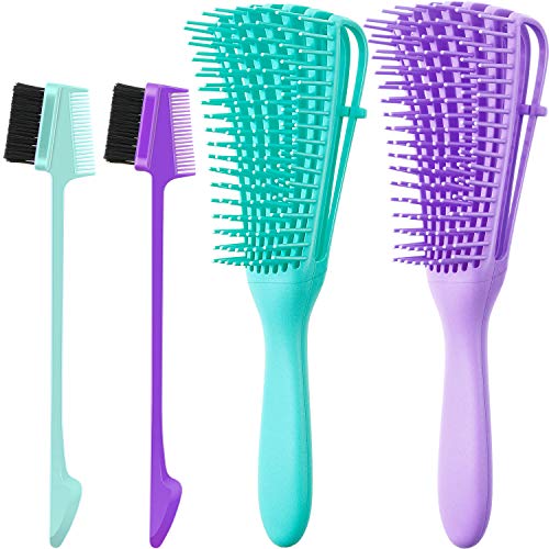 2 Pieces Detangling Brush Detangler and 2 Pieces Edge Brush Double Sided Hair Comb, Clean Knots for 3a to 4c Hair Textured Kinky Wavy Curly Wet Dry Oil Matted Hair (Green, Purple, Blue)