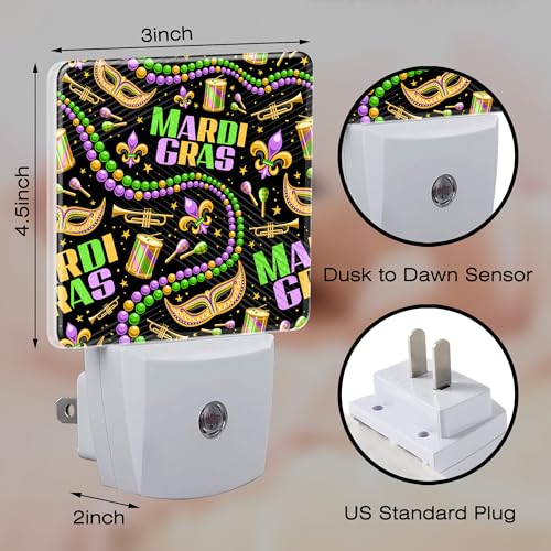 Image of Happy Mardi Gras Night Light, Carnival Fleur De Lis Mask Beads Dusk to Dawn Night Light Plug in, 0.5w Energy Saving Sleep Friendly Nightlights for Kids Boys Girls Home Decor