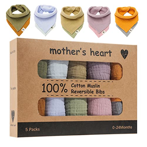 Image of Mother's Heart Bandana Drool Bibs - Natural Cotton Muslin Baby Bibs - Highly Absorbent Polyester-Free and Plastic-Free for Teething - Set of 5 Solid Color Bandanas for Girls