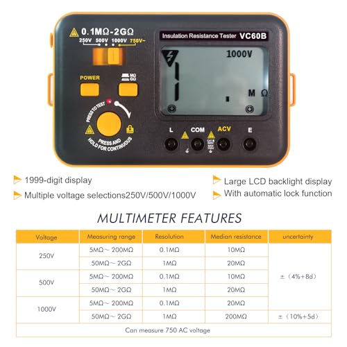 VC60B Digitaler Isolationswiderstandstester Megohmmeter Ohmmeter Megger Meter 2GΩ Widerstand Spannungsmessung AC 750V LCD Display