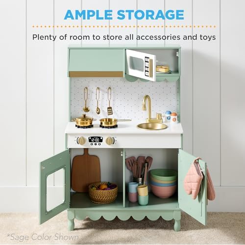 Best Choice Products Toddler Kitchen Playset, Wooden Cottage Kids Play Kitchen with 5 Accessories, Toy Storage, Scalloped Edge, and Pretend Play Microwave, Oven, Clicking Knobs - Cream - 1