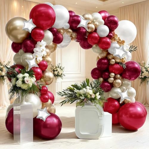 Image of Rose Red White Balloon Arch Double Stuffed Burgundy Gold Pearl Balloon Kit | Fuchsia sand white gold sliver star foil balloon garland for Birthday Wedding Bridal Shower Christmas Valentines party decor