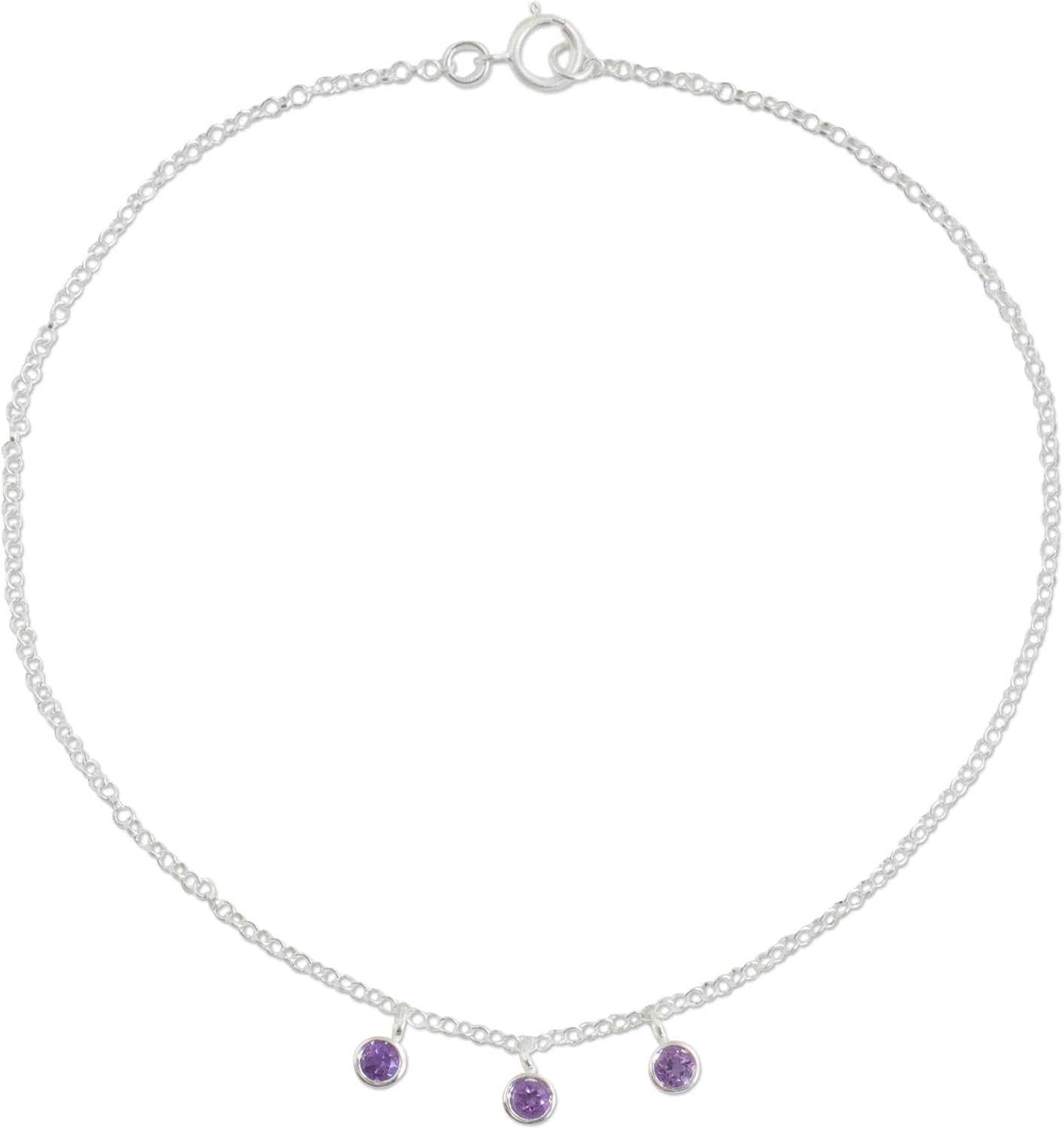 NOVICA Artisan Handmade Amethyst Anklet Thai Sterling Silver Artisan Crafted Purple Charm Thailand Birthstone [pendant(s) 0.2 in L x 0.9 in W 9.75 in L 2 mm W] ' Light'