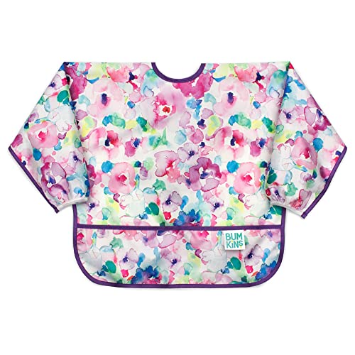 Image of Bumkins Sleeved Bib for Girl or Boy, Baby and Toddler for 6-24 Mos, Essential Must Have for Eating, Feeding, Baby Led Weaning, Long Sleeve Mess Saving Food Catcher, Soft Fabric, Watercolors Floral