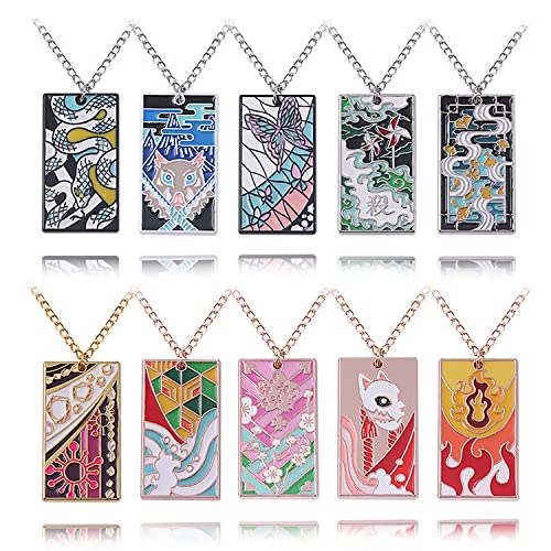 FunBoat 10Pcs Kimetsu No Yaiba Rengoku Mitsuri Necklace Set - Anime Tanjiro Hanafuda Dangle Earrings - Halloween Costume Cosplay Gifts for Men Women