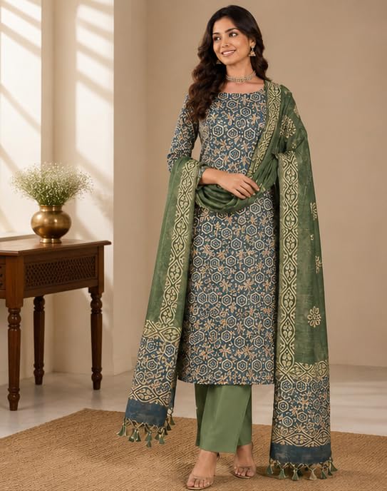 Image of STB-SILK TEXTILES BHAGALPUR Salwar Suit Cotton Silk Batik Print Dress Material Unstitched Suits Piece With Dupatta Dress material for women & girls
