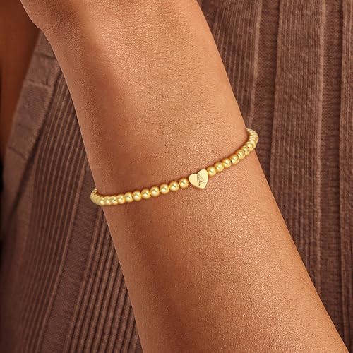Gold Initial Bracelets for Women Girls Gifts - 18K Gold Plated Heart Initial Bracelet Teen Girl Gifts Trendy Stuff Dainty Beaded Bracelet Gold Bracelets for Women Girls Jewelry2