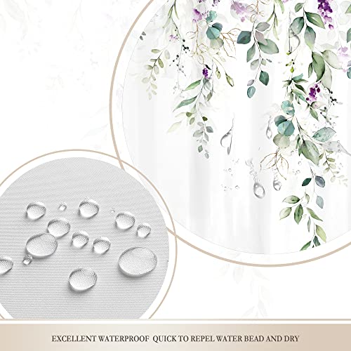 Glawry Green Eucalyptus Lavender Shower Curtain 60Wx72L Inches Watercolor Purple Floral Leaf Botanical Bathroom Plants Lilac Spring Summer Nature Bath Accessories Art Home Decor Fabric 12 Pack Hooks #TOP5