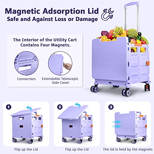 Foldable Utility Cart Collapsible Portable Crate Rolling Carts With Wheels Teacher Cart With Magnetic Lid Telescopic Cover Wear-Resistant 360°Rotate Wheel Noiseless For Shopping Storage Office Use #TOP1