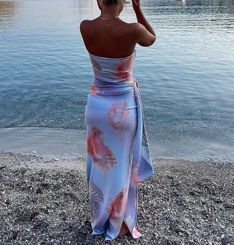 Image of Women Floral Strapless Maxi Dress Y2K Bodycon Tube Long Dresses Sexy Party Formal Cocktail Beach Slit Dress