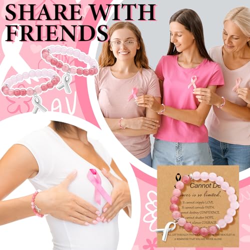 24 Pcs Breast Cancer Awareness Bracelets Team Gift Natural Stone Pink Beaded Bracelet with Inspirational Card for Ribbon Charm Bracelet for Women4