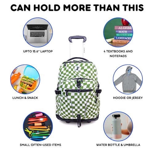 Image of J World Lunar Rolling Backpack. Laptop Bag With Wheels. Wheeled Carry-On Travel Luggage, Matcha Checkers, 19.5 x 13 x 8 Inches