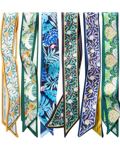ZXZH 6 Pack Fashion Scarves for Women, Versatile Boho Head Scarf, Satin Scarf for Hair, Neck, Wrist, and Purse Accessories (Botanical Mix-A)
