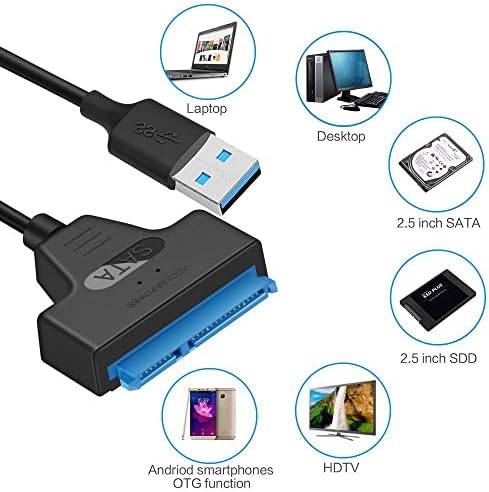 Unnderwiss Kabel sata do usb Adapter SSD/HDD Kompatybilny z zewnętrznymi i wewnętrznymi dyskami twardymi, 2,5 cala kompatybilny z systemami operacyjnymi Windows, Mac i Linux
