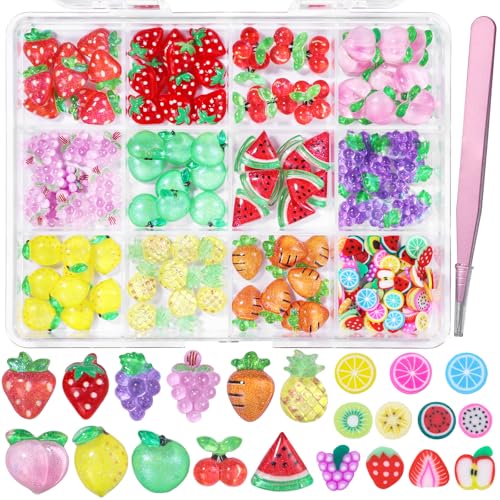 3D Fruit Cartoon Nail Charms, Assorted Grapes Peach Green Watermelon Lemon Cherry Strawberry Pineapple Carrot Fruits Nail Art Charms, Color Slices Nail Charms with Pickup Tool DIY Nails Decor