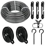 Outdoor Clothesline Kit, 150ft Black PVC Coated Galvanized Clothes Line Pulley Kit with 6.3' Clothesline Pulley, M8 Metal Hooks, 3Pcs Separator, Outdoor Clothes Line Heavy Duty
