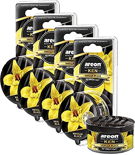 AREON Ken Car Air Freshener - Vanilla Black Scent, Long-Lasting Fragrance - Portable Fragrant Deodorizer with Adjustable Odor Output - Automobile Accessories & Essentials - 1.23 Oz. Cans, Pack of 4