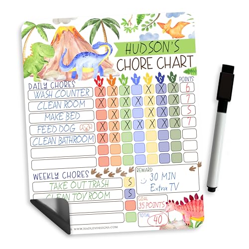 Image of Hadley Designs Magnetic Chore Chart for Kids - Reward Chart for Kids, Dry Erase Responsibility Board for Children at Home, Fridge Behavior Tracker for Daily Weekly Tasks, Dinosaur Toddler Chore Board