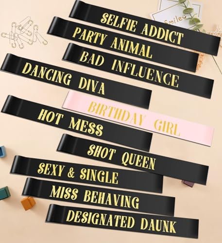 10 Pack Birthday Sash for Women Group,Happy Birthday Party Supplies Sashes Favors Decorations for Women,Birthday Squad Glitter Sash Set,9 Funny Sashes,1 Birthday Sash(Black and Rose Gold)