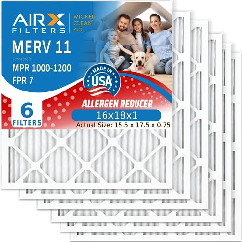 AIRX Filters 16x18x1 Air Furnace Filter MERV 11 Allergy Dust Pet Dander(6-Pack) Electrostatic Pleated Replacement Filter HVAC AC Filter Made in USA(Actual Size: 15.50 x 17.50 x 0.75 in)