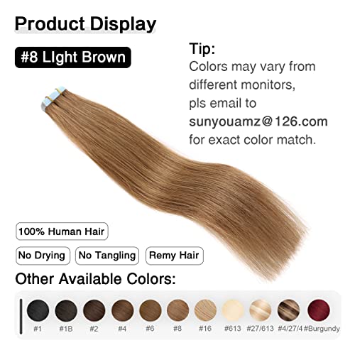 Image of SUYYA Tape In Hair Extensions Human Hair 16 Inch #8 Light Brown
