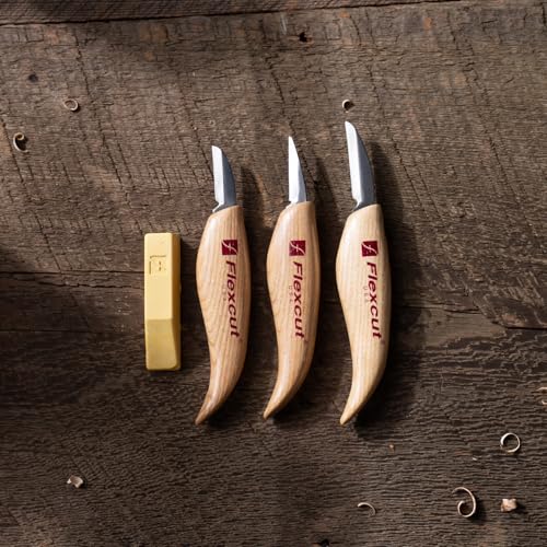 Image of Flexcut Wood Carving Knives | Starter Set of 3 Woodcarving Knives | 1095 High Carbon Steel Blades | Ergonomic Ash Wood Handles for Beginners and Hobbyists | KN500 | Made in the U.S.A