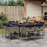 NKOPPFG 9 Piece Patio Dining Set with Cushions, Folding Garden Dining Set in Grey Poly Rattan with Tempered Glass Tabletop