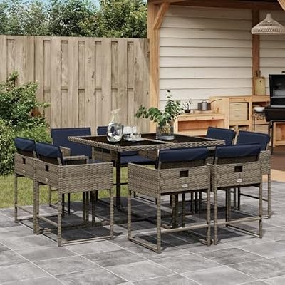 NKOPPFG 9 Piece Patio Dining Set with Cushions, Folding Garden Dining Set in Grey Poly Rattan with Tempered Glass Tabletop