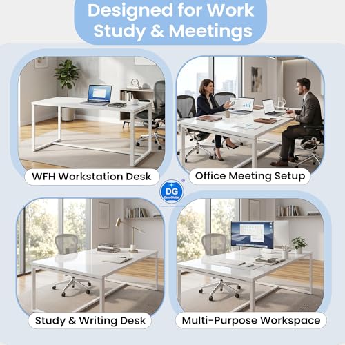 Image of Steel Metal Meeting Table Rectangular for WFH (Glossy White Finish top + White Legs Base Large 6 ft x 3 ft Top Size)